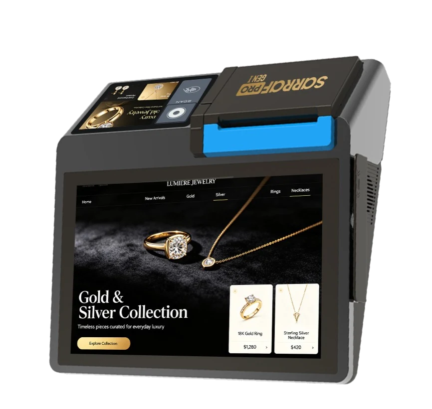 SarrafPro GEN I desktop terminal with its main display, customer display and integrated printer